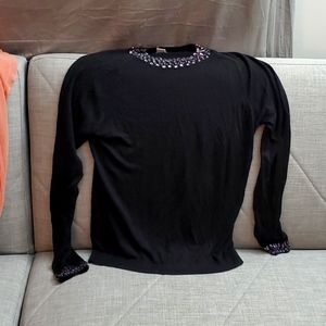 H & M large black long sleeve with lavender beads on neck and sleeves